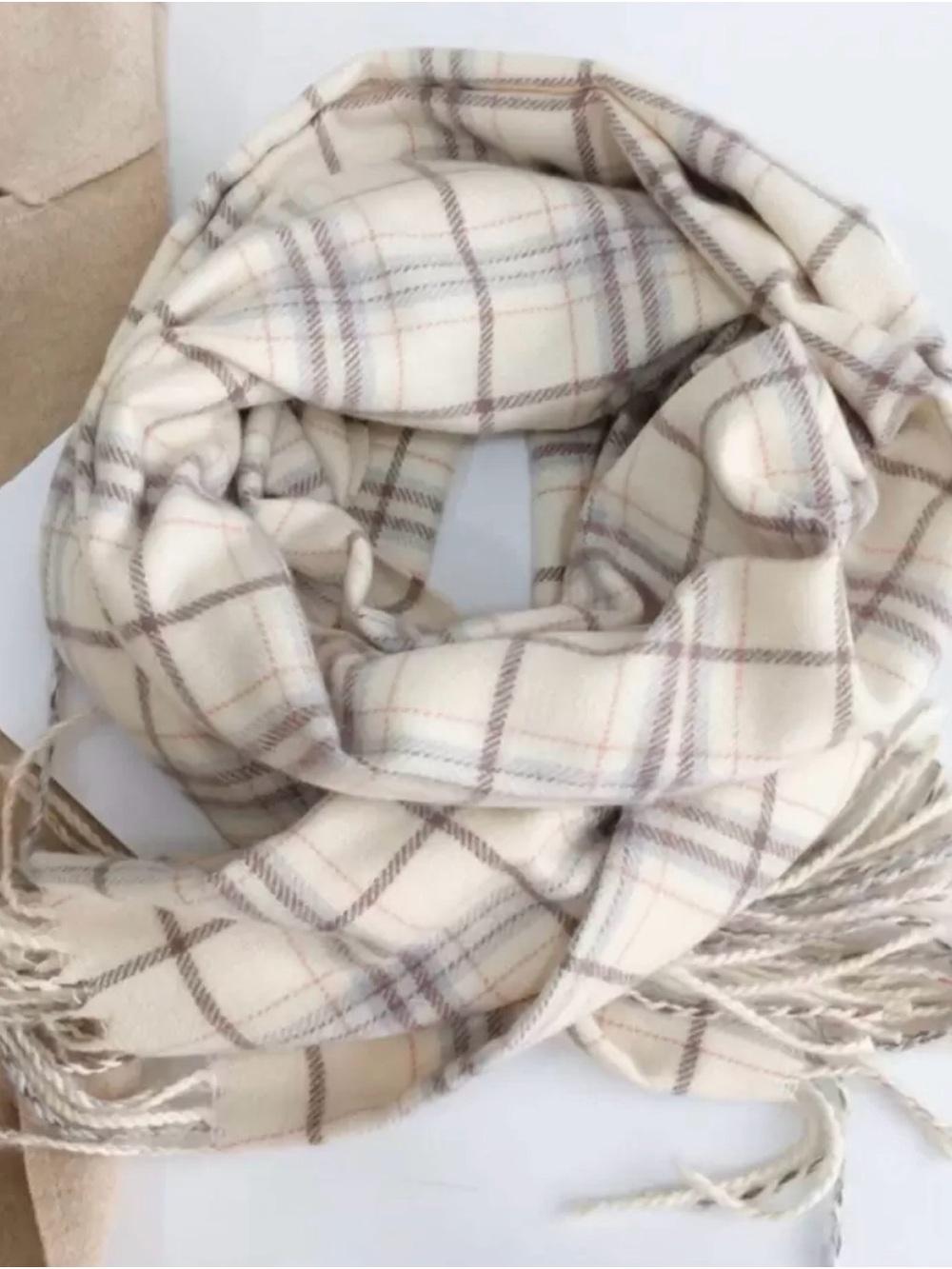 Cream Plaid Fringe Scarf - Women Accessories